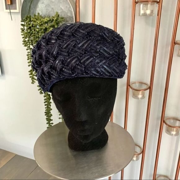 Vintage Union Made Toque Ribbon Wrapped Hat Blue